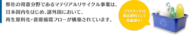 弊社の得意分野であるマテリアルリサイクル事業は、日本国内をはじめ、諸外国において、再生原料化・資源循環フローが構築されています。